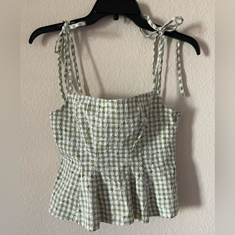 En Saison Green Plaid Embroidered Peplum Top
